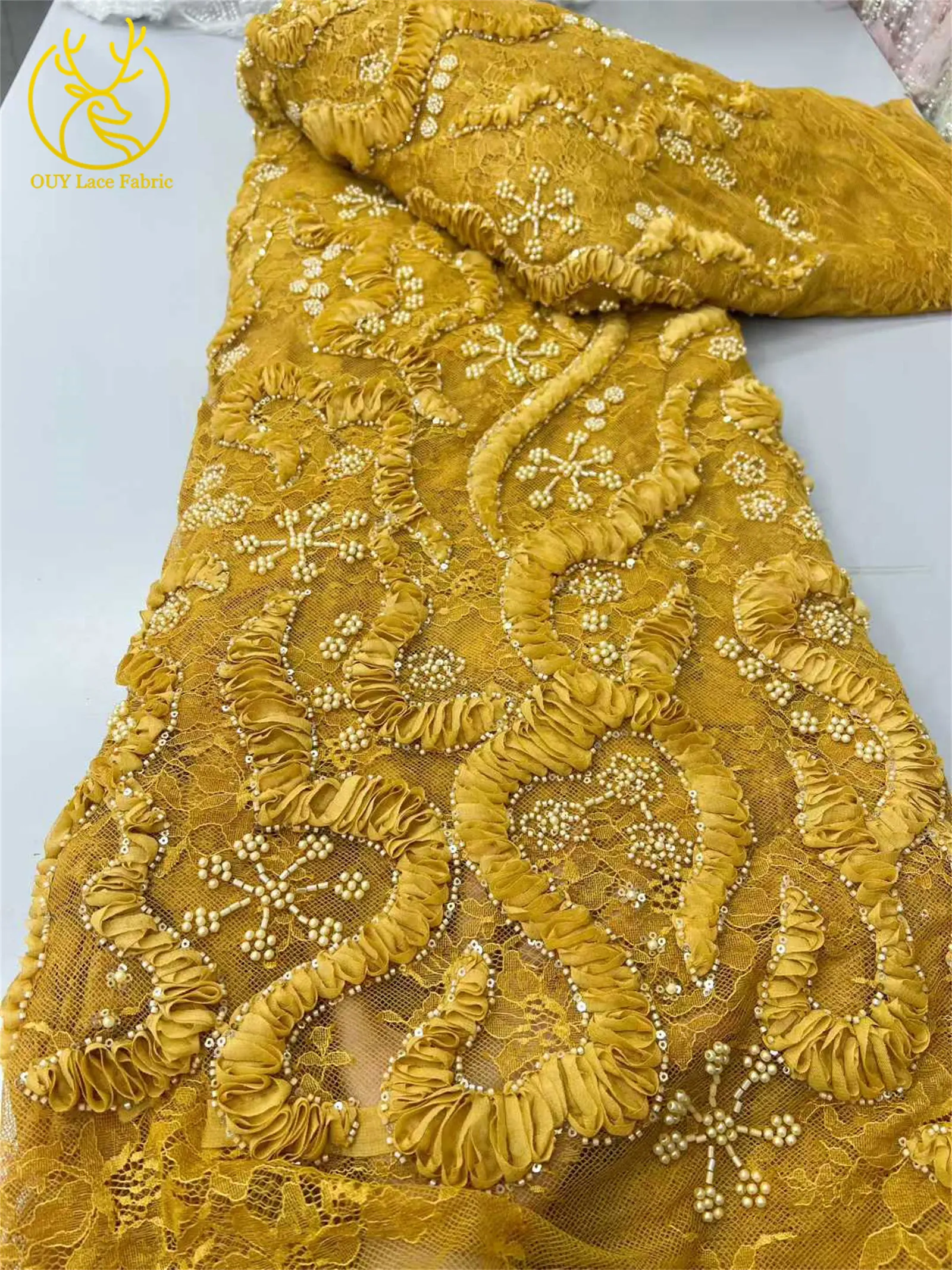 Goldgelber afrikanischer 3D-Spitzenstoff 2026 Hochwertiger nigerianischer Mesh-Perlen-Pailletten-Spitzenstoff für Frauen, Party, Hochzeitskleider – Detail 9