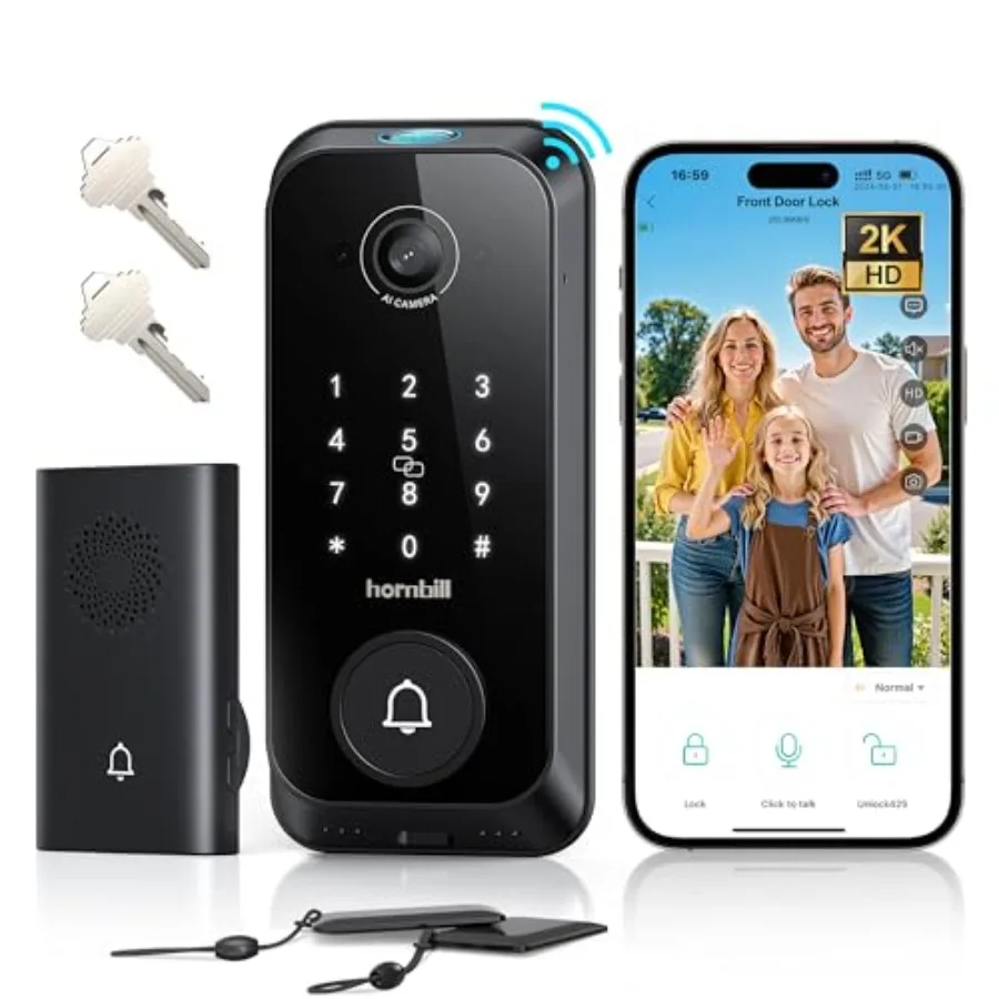 

Видеодомофон с умным замком: 4-в-1 (домофон + 2K камера + дверной звонок + считыватель отпечатков пальцев), бесключевой доступ, встроенный Wi-Fi, дверной замок-защелка, всего 2 шт.