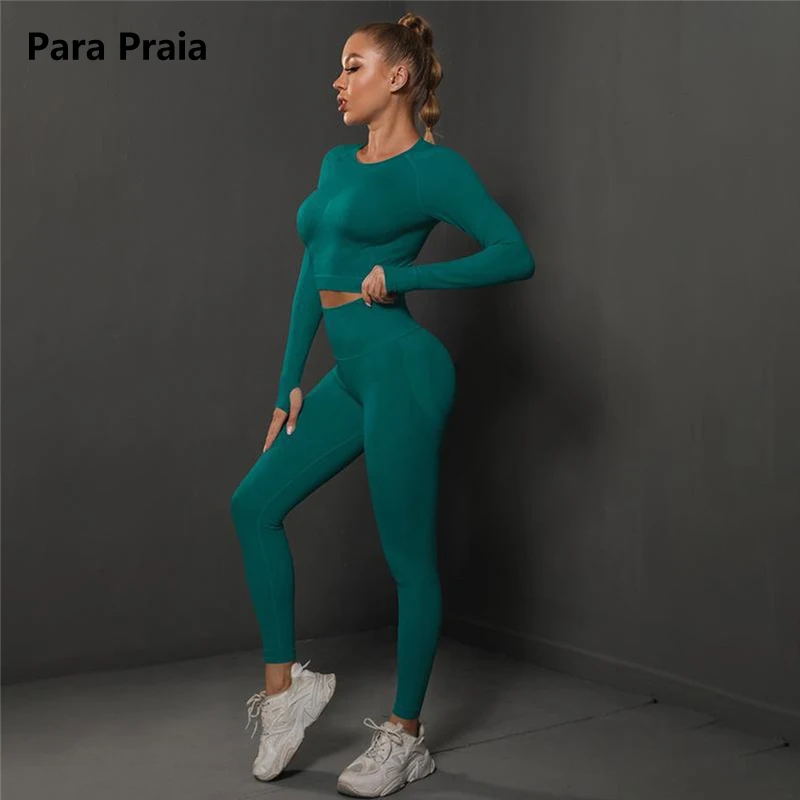

Para Praia Women Workout Sets 2 Pieces Long Sleeve Yoga Outfits Gym Clothes Seamless Ribbed Crop Top High Waist Leggings