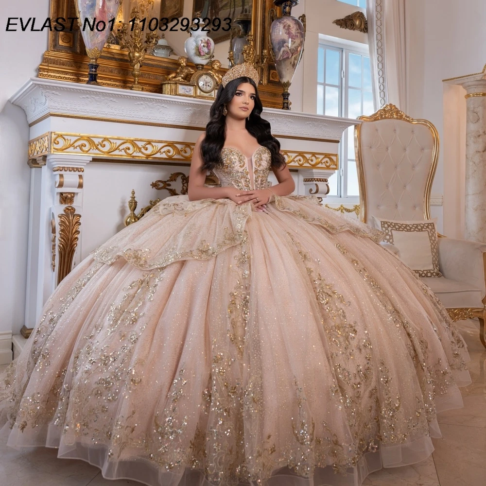 EVLAST 맞춤형 글리터 핑크 퀸세아네라 드레스 볼 가운 골드 스팽글 아플리케 비즈 장식 리본 스위트 16 베스티도스 데 15 아뇨스 E1QN685