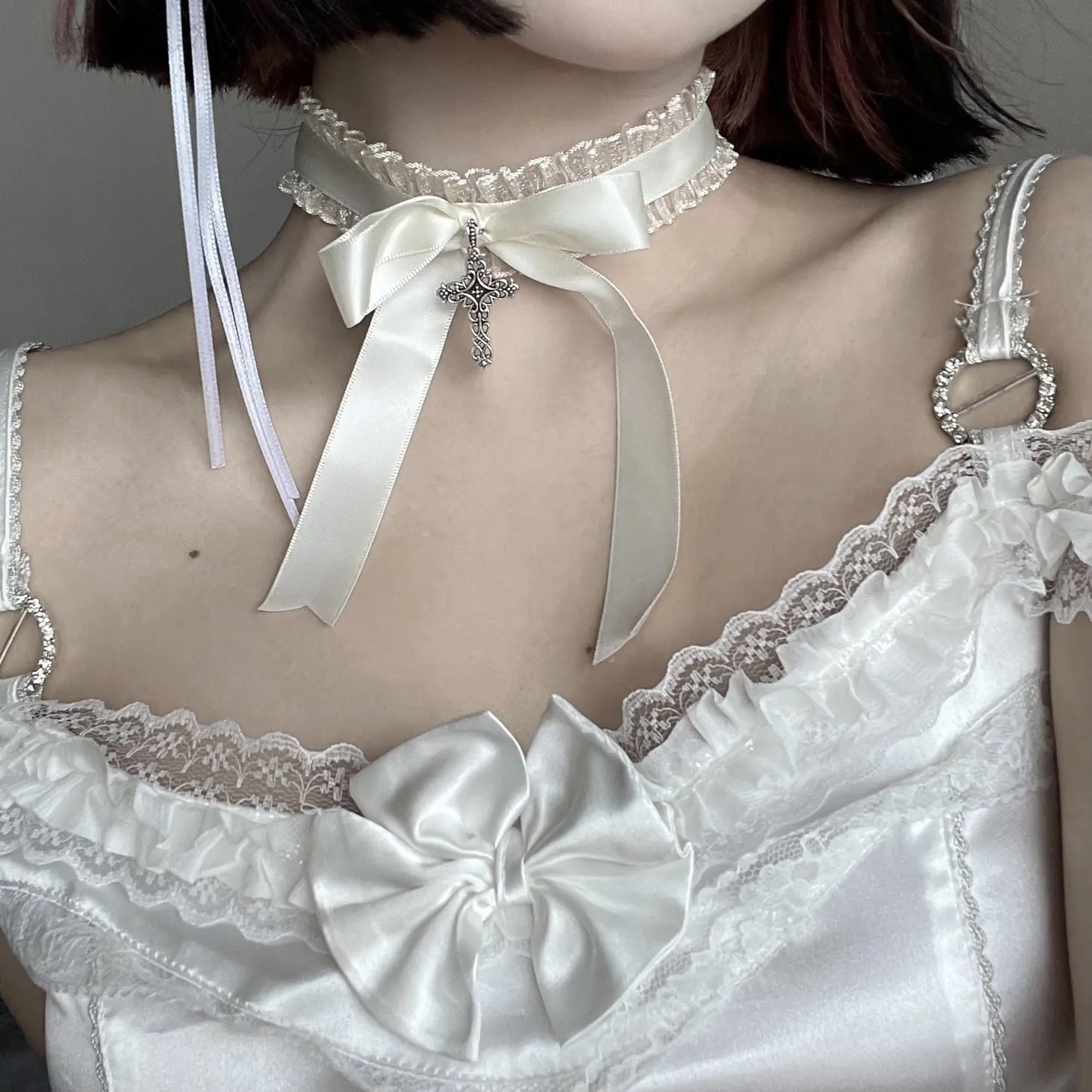 ロリータ-レースとクロスボウのネックレス,パンク,ゴシック,愛らしい,装飾的なアクセサリー