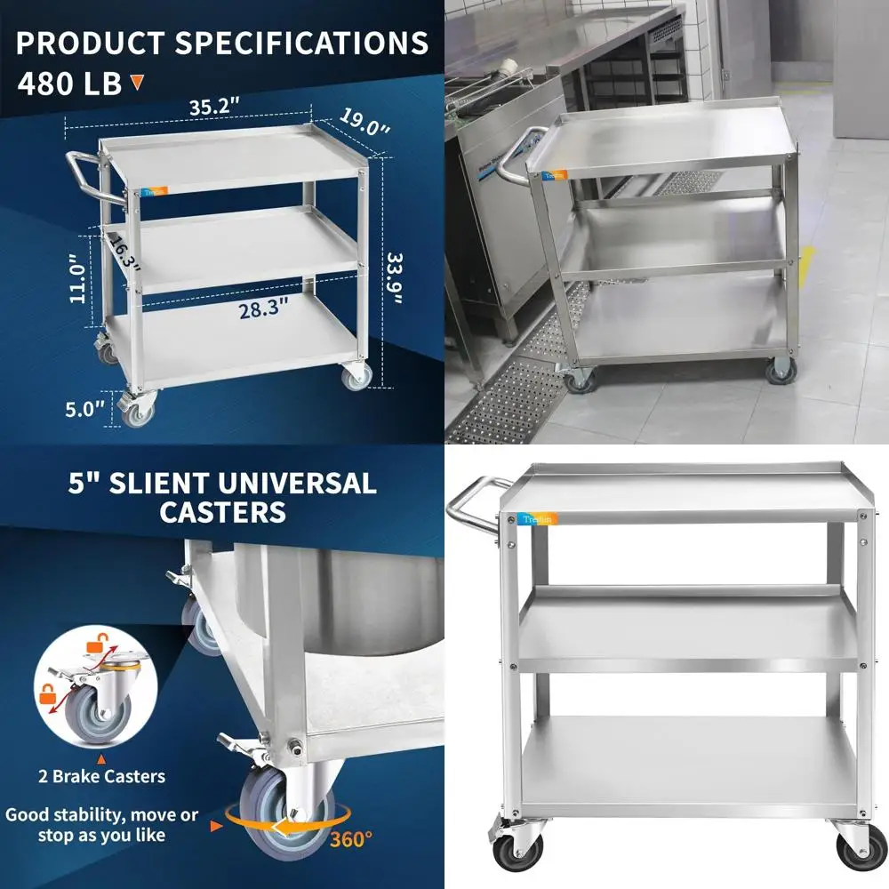 

Коммерческая тележка из нержавеющей стали с отсеками для хранения, ручкой и колесами для использования на кухне, в ресторанах, больницах и отелях