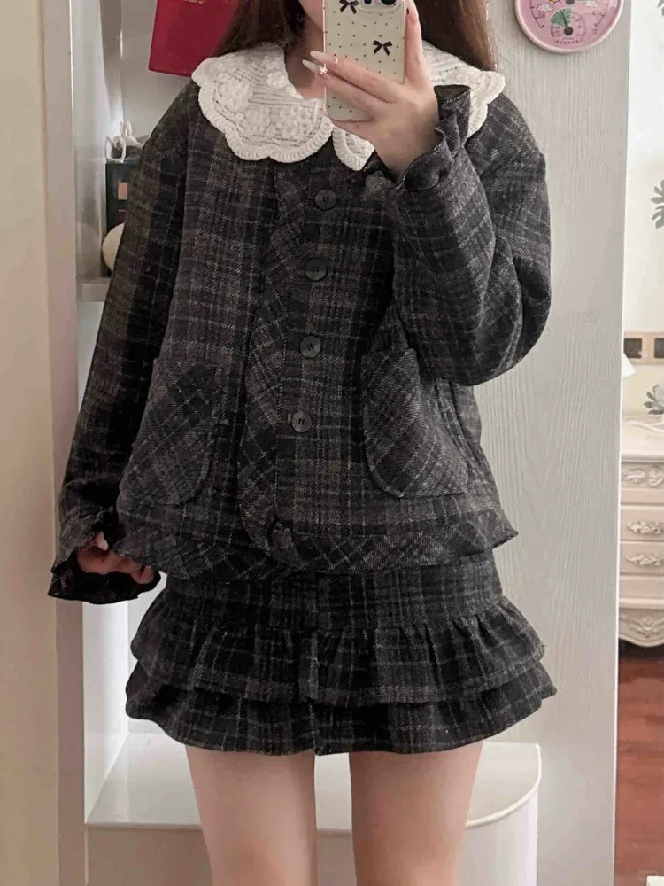 Autumn Japanese Vintage Sweet 2PC Set Female Single Breasted Peter Pan Collar Coat+mini Plaid Skirt Casual Plus Size Women Suits