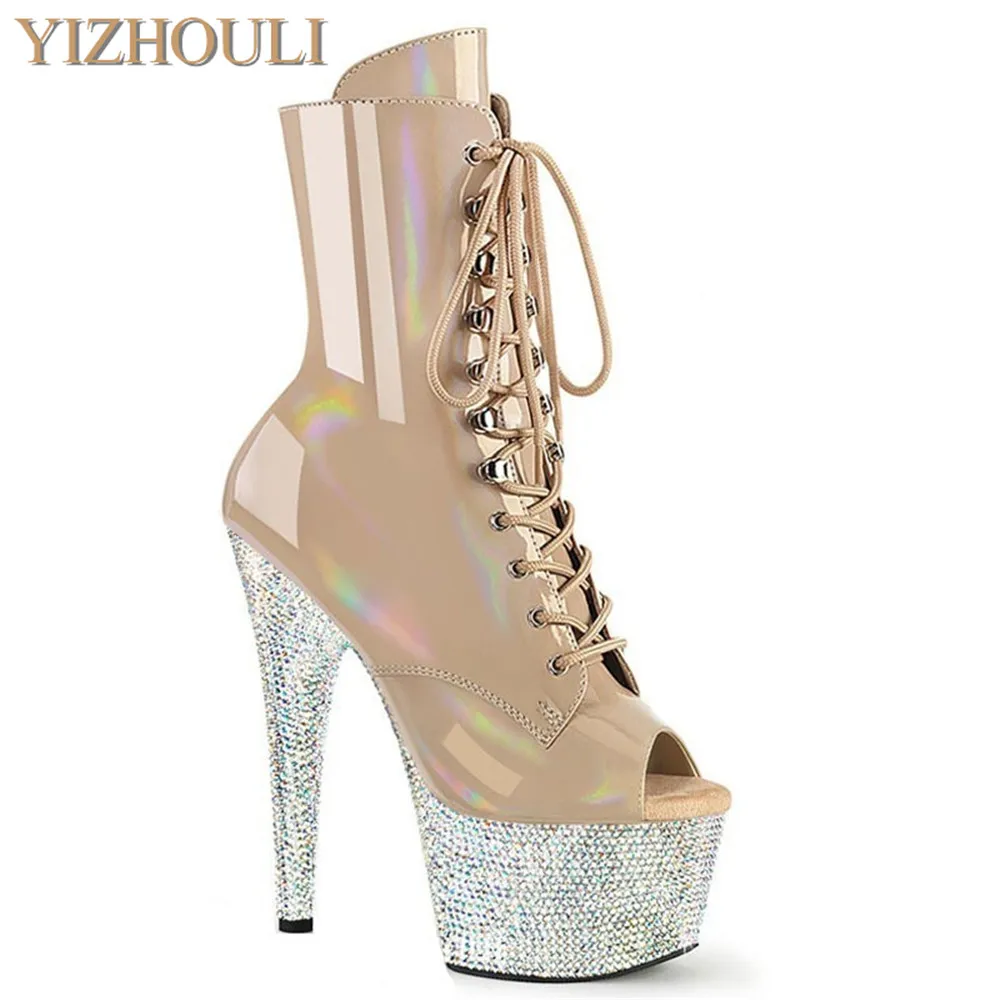 

Sole Rhineau decoration 17CM pole dancing heels, open toe sexy model nightclub 7 inch high ankle dance shoes