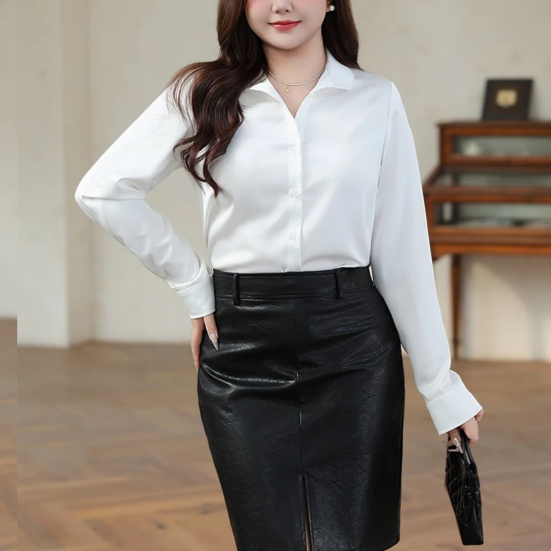 French Design V-Neck White Satin Shirt Women Plus Size Good Quality 2025 Spring Fashion Long Sleeve Blouses 9064