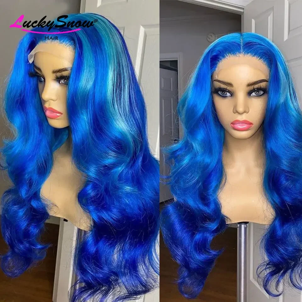 

Высококачественный бразильский цветной парик из человеческих волос 180 Плотность Ombre Синий Объемная волна Прозрачный 13x4 HD Кружевные фронтальные парики для женщин