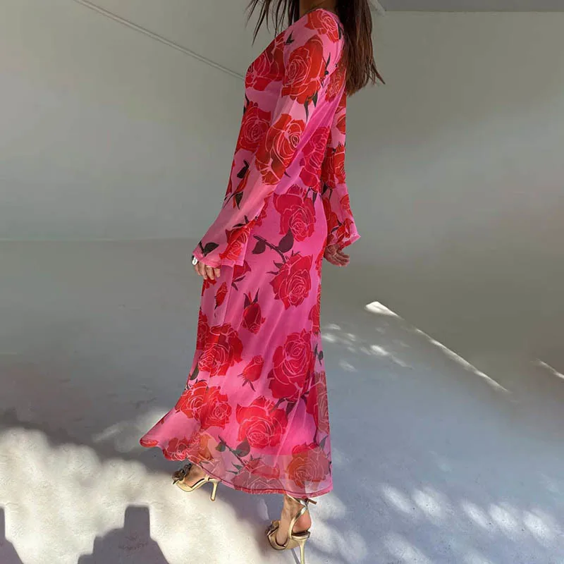 Blifanbo Print Flower Elegant Maxi Dress Women O Neck Fashion Long Sleeve Slim Sexy Print Patchwork Female Holiday Long Dress