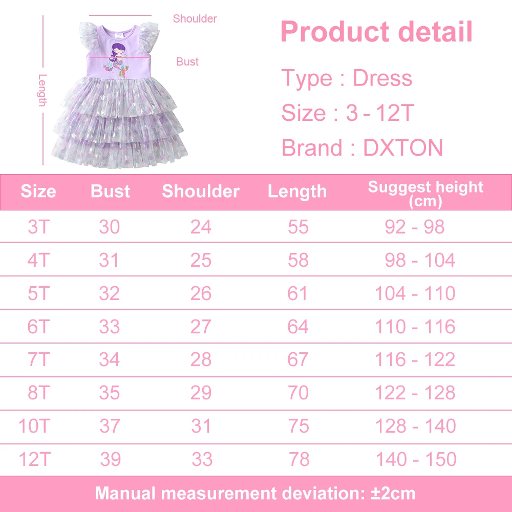 DXTON Girls Summer Tutu Dress Kids Mermaid Print Cartoon Layered Dresses Girls Birthday Party Travel Beachwear Children Clothing