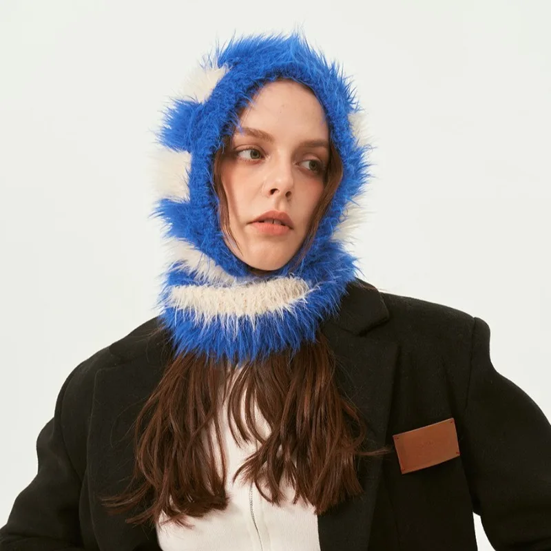 New striped plush Balaclava hat collision color fluffy knitted hat for women's winter retro neck protection face mask hood