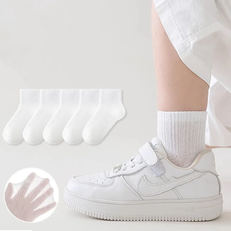 5Pairs/lot White Children's Socks Summer Thin Mesh Student Sport Sock Soft Kids Running Midtube Socks For Boys Girls 2-12Years