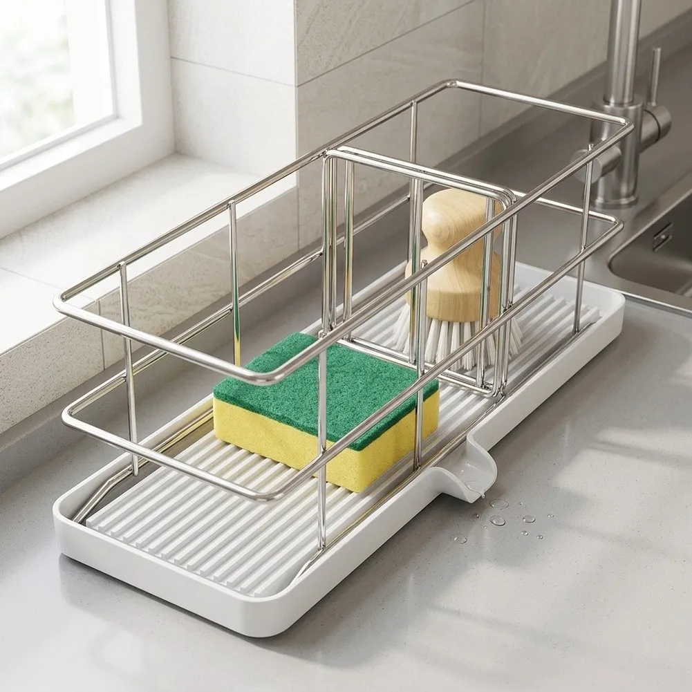 Kitchen Countertop Dish Brush Holder Sponge Organizer Kitchen Sink Caddy Holder For Household Washing Tool Storage Accessory