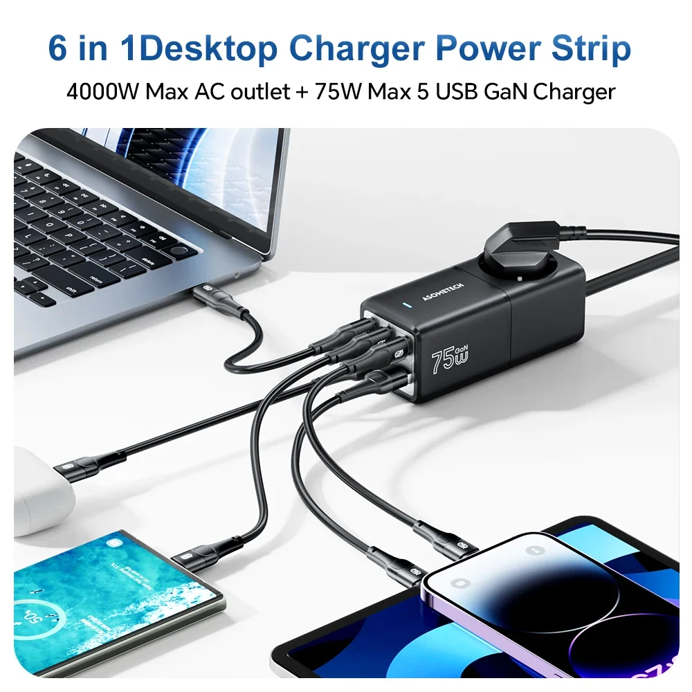 75W GaN Charger Fast Charger Desktop Power Strip QC4.0 PD3.0 Charging Station for IPhone 14 Pro Max Xiaomi Samsung MacBook