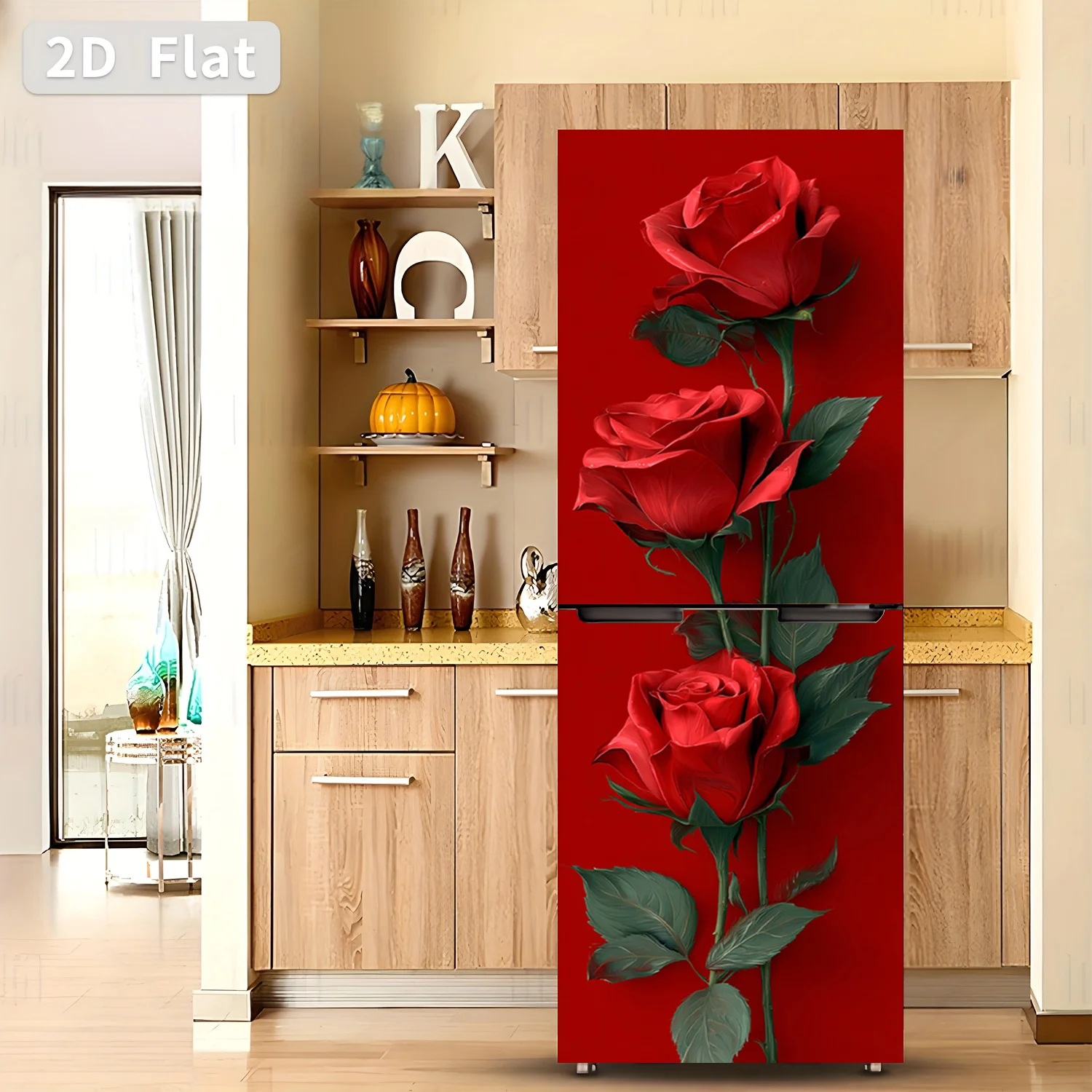 Refrigerator Sticker Beauty of Red Roses Theme Design Wall Sticker Decorative Wallpaper Self-Adhesive Suitable for Cabinets a