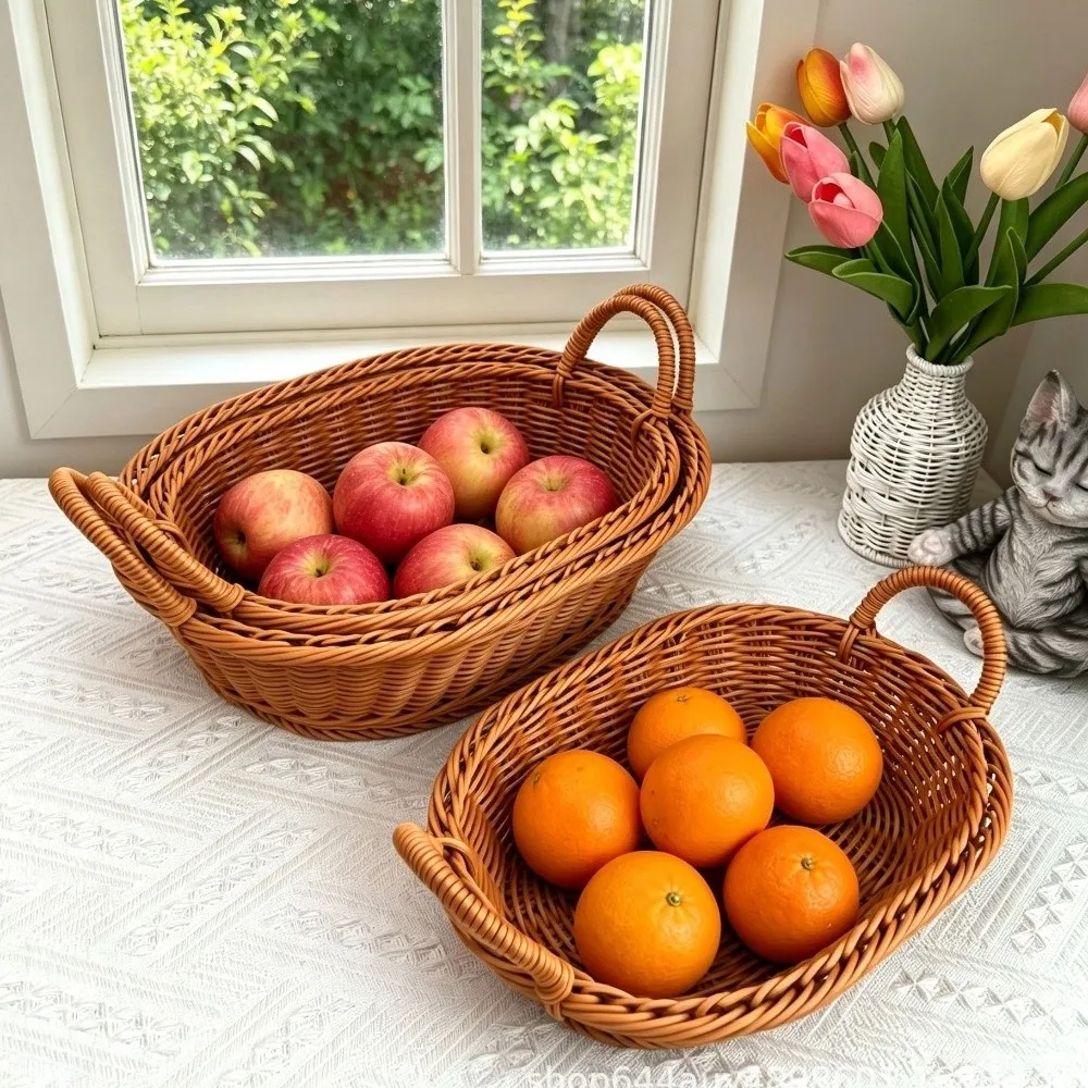 Panier de rangement tressé à la main de grande capacité, panier à fruits en plastique fait main avec poignée, organisateur de bureau, rangement de salle de bain