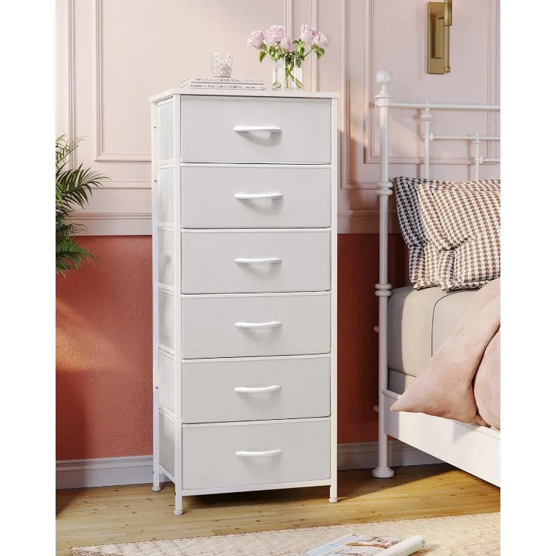 Vertical Dresser Storage Tower - Sturdy Steel Frame, Wood Top, Easy Pull Fabric Bins, Handles