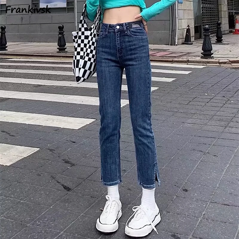 

Autumn Ankle Length Jeans Women Do Old Chic Vintage Basic Slim Simple Solid Office Lady Straight Trousers Ins Daily College New