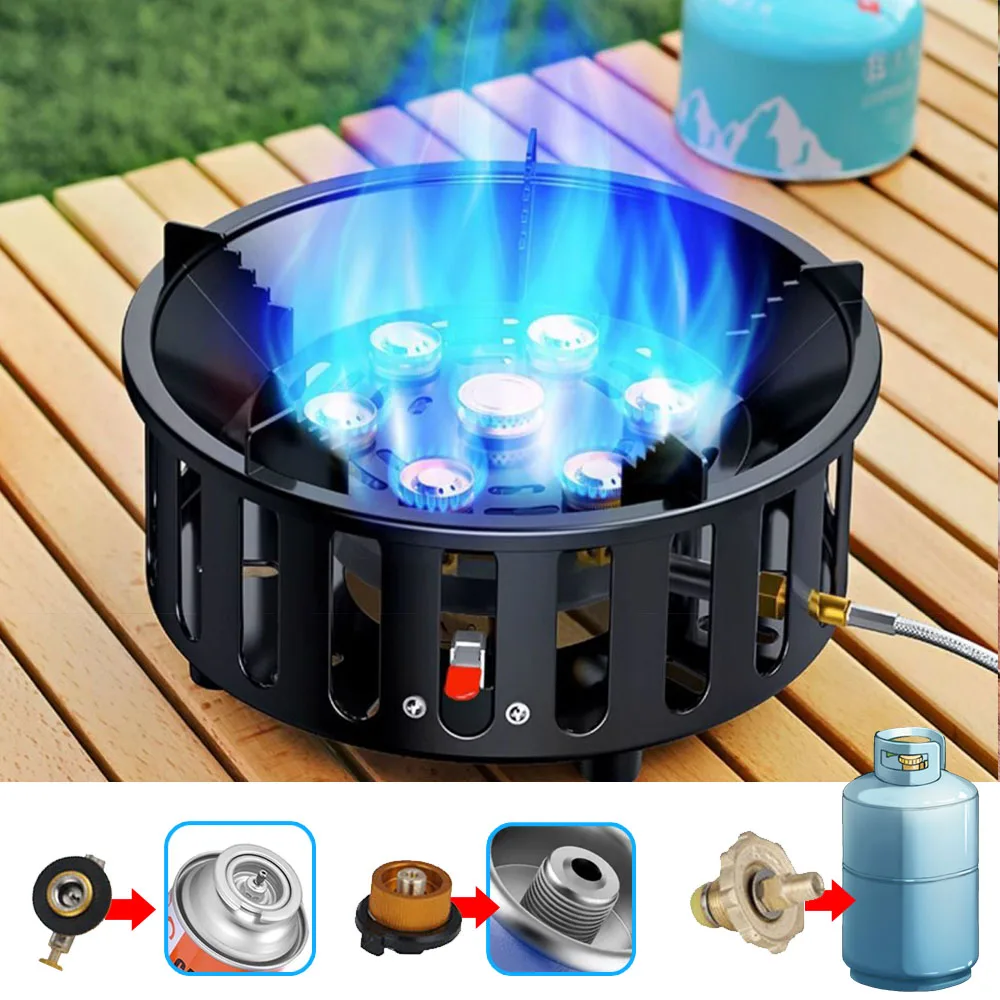 Estufa de camping de alta potencia de 21000W con 7 quemadores, potente quemador de gas a prueba de viento con 3 adaptadores para tanques de cassette y alpinos, estufa turística portátil plegable de acero inoxidable para pícnic y cocina al aire libre, equipo de camping con encendido electrónico multifuel.