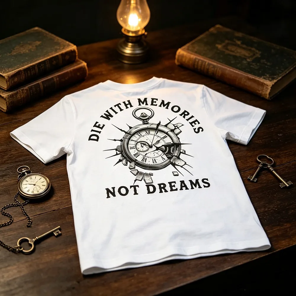 Vintage Pocket Watch Slogan Back Printed T‑Shirt for Men Women, Retro Literary Style Crew Neck Short Sleeve Tee, Breathable Casual Daily Street Tops streetwear,crew neck,cotton blend,outdoor outing,machine washable
