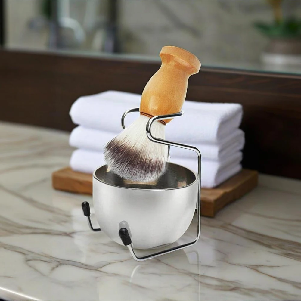 

Synthetic Badger Hair Shaving Brush 3PC Set for Men Gift – Wood Handle Brush, Steel Bowl & Stand for Safety & Double Edge Razors