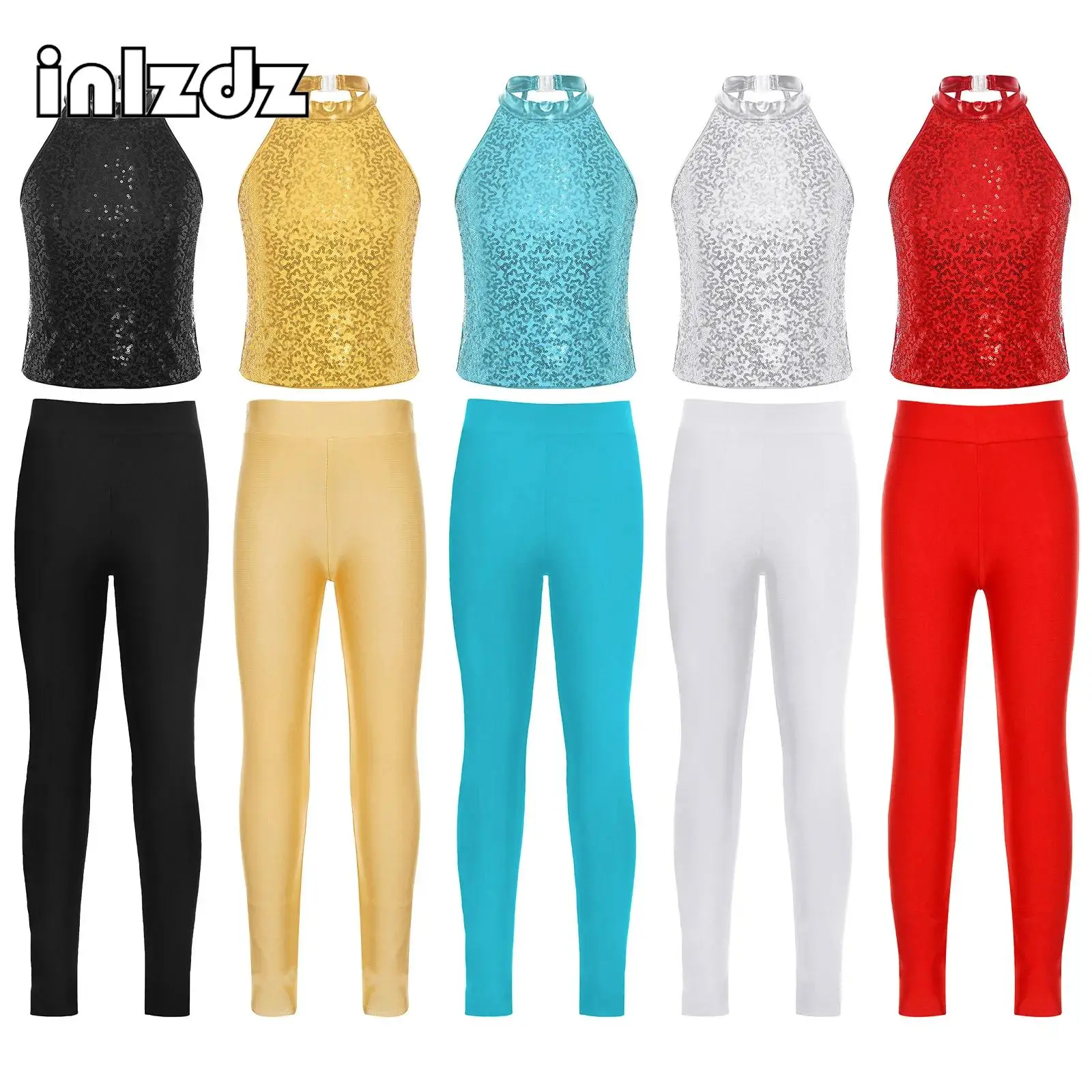 

Kids Girls Gymnastics Outfit Sleeveless Backless Sparkling Sequin Halter Crop Top with Leggings for Jazz Dance Stage Performance