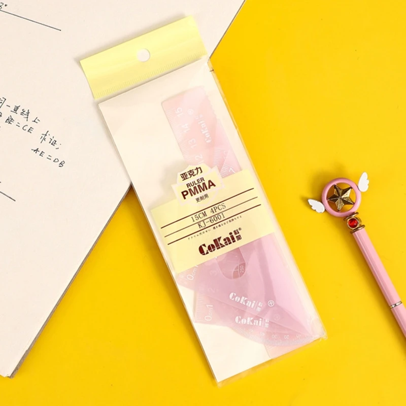 4 Pcs Geometry Kit Plastic Protractor 2 Triangle Rulers 15cm Ruler for Students