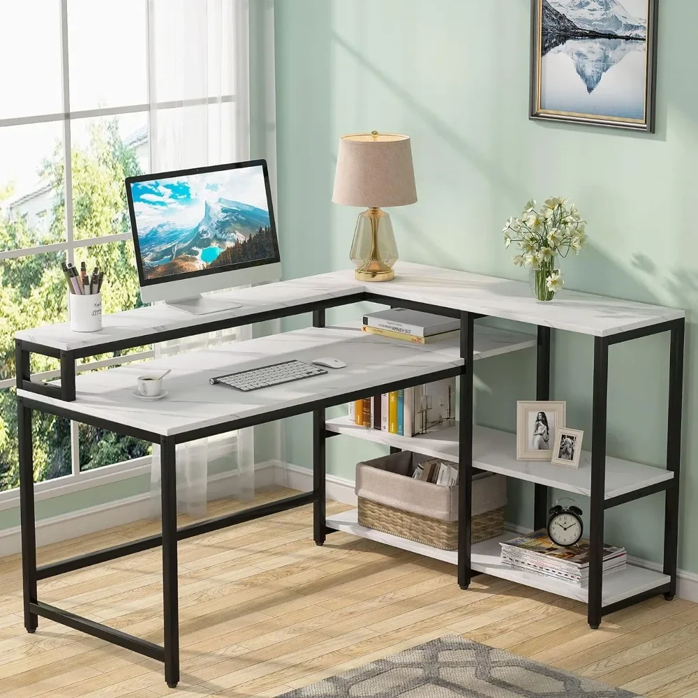 

55 Inch Reversible L Shaped Computer Desk with Storage Shelf, Modern White Corner Desk with Shelves and Monitor Stand