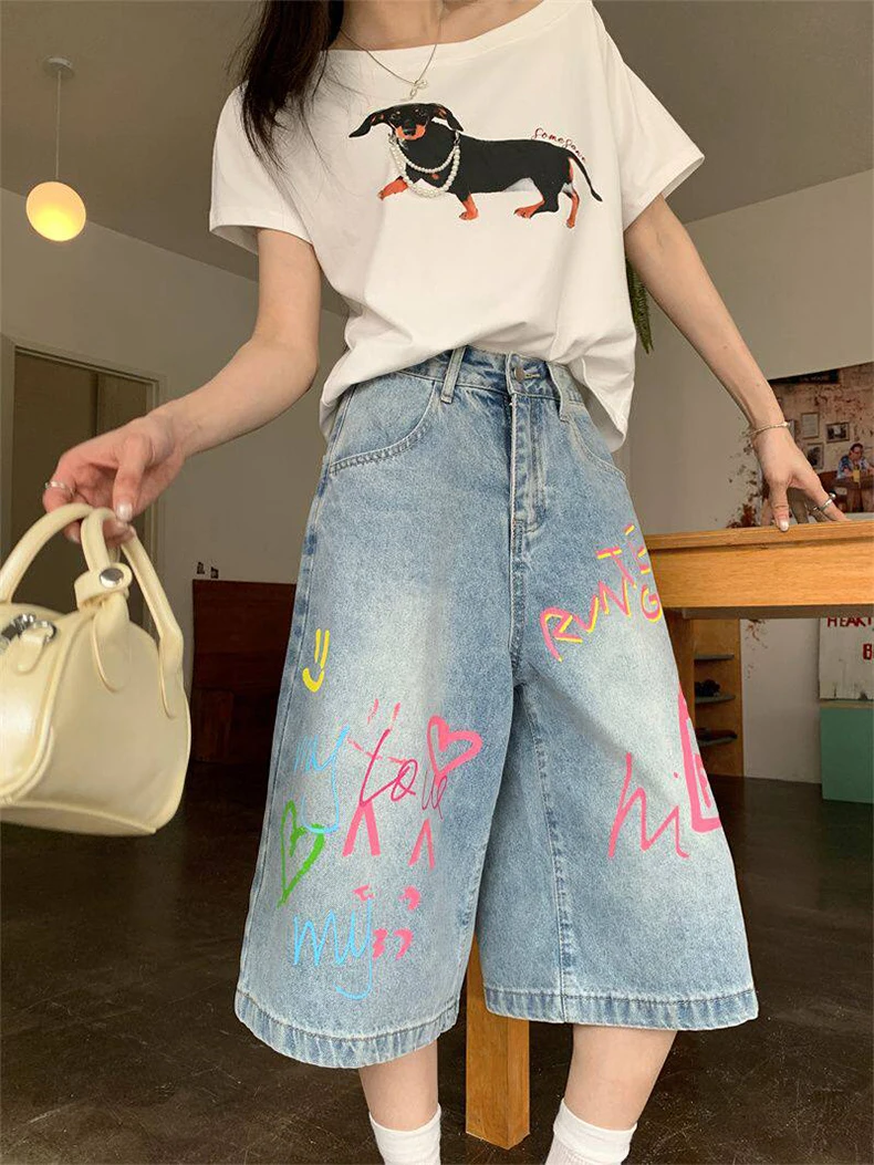Dopamine Style Streetwear Graffiti Denim Wide Leg Capri Pants Women's Loose Straight Summer Shorts Cropped Jeans Woman