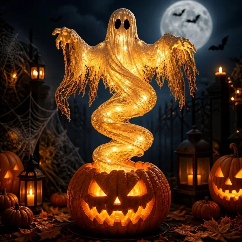Halloween Swirling Ghost Pumpkin Light,Outdoor Yard Decor for Porch,Lighted Spooky Ghost Statue,LED Outdoor Porch Pathway Decor