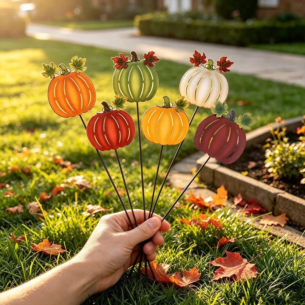Fall Pumpkin Yard Stakes Set, Thanksgiving Harvest Metal Lawn Signs, Autumn Garden Outdoor Decor
