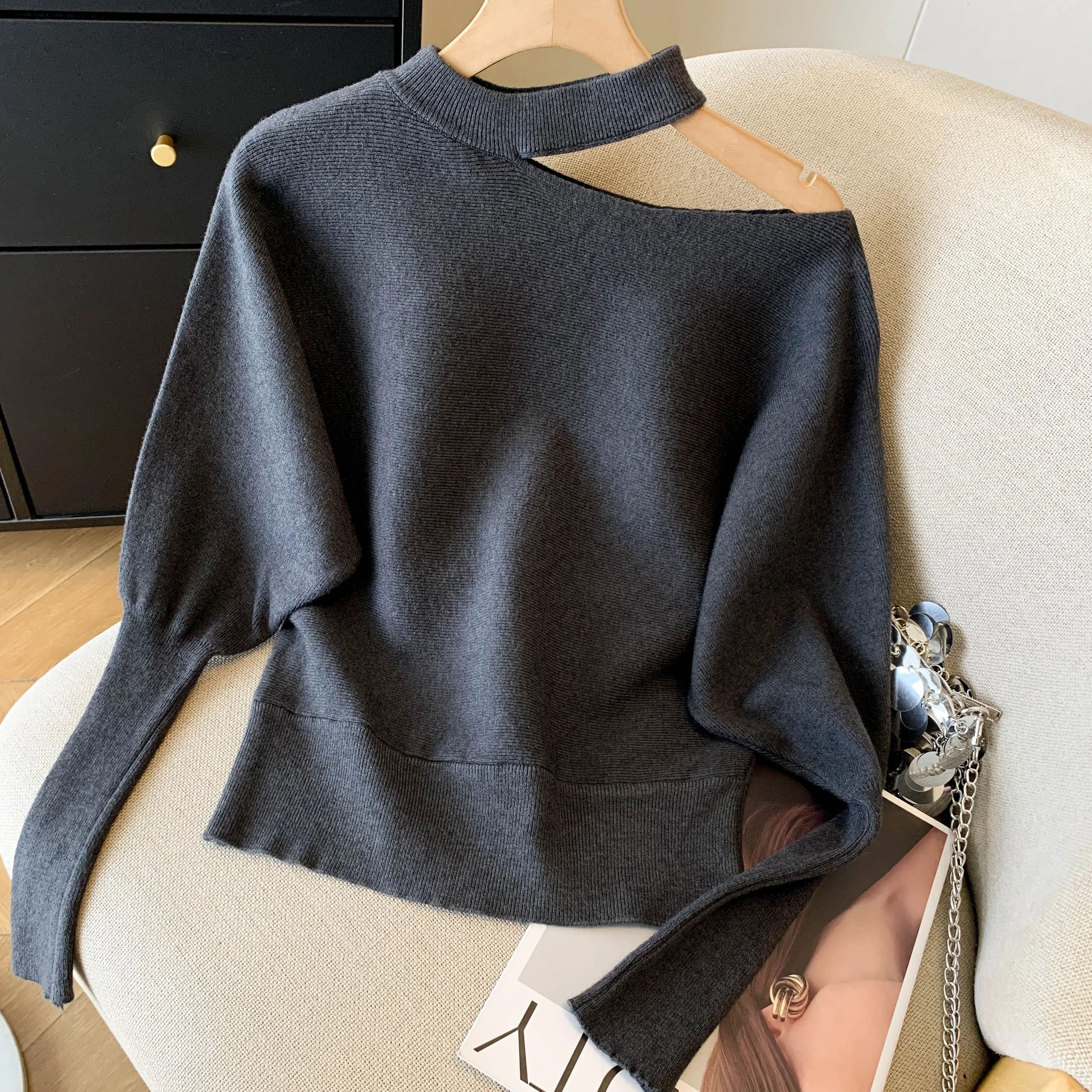 Fashion Off Shoulder Knitted Sweater Women Halter Neck Loose Casual Sexy Jumper Pullover