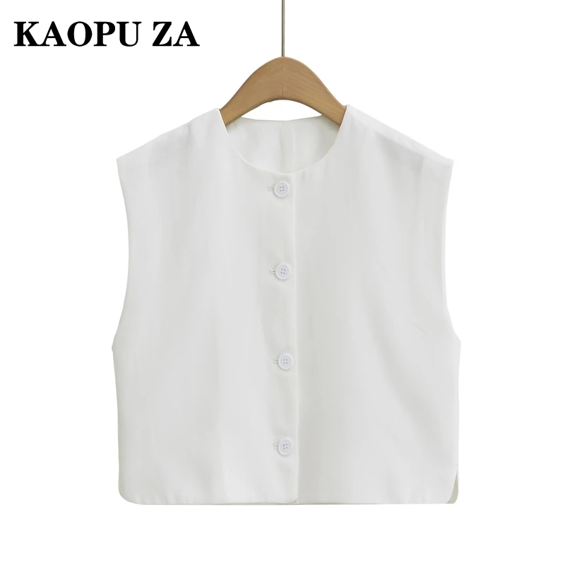 KAOPU ZA 2024 New Autumn Woman Casual V-Collar Sleeveless Gilet Vest Women Clothing Vintage Solid Color zipper Short Ruffles Top