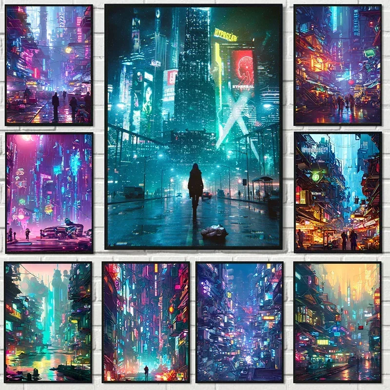 Future Technology City- Cyberpunk- Neon Night View Street Car Canvas Painting and Prints Wall Art Picture for Bedroom Home Deco