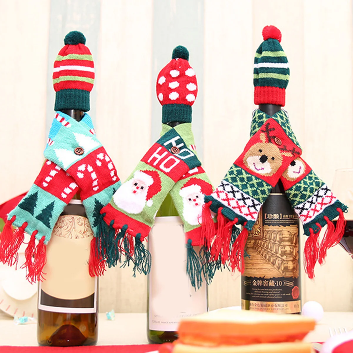 

2Set Stylish Wine Bottle Cover Festive Scarf Hat Design Decoration for Birthday Anniversary Carnival Event Use