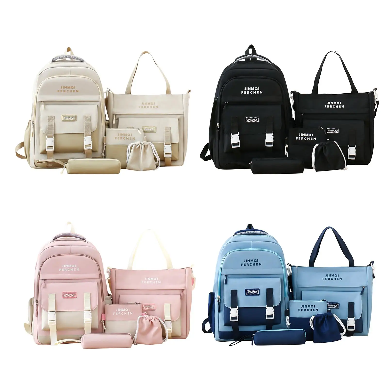 School Bags Set Handbag Canvas 5Pcs Rucksack Pencil Pouch Student Backpack