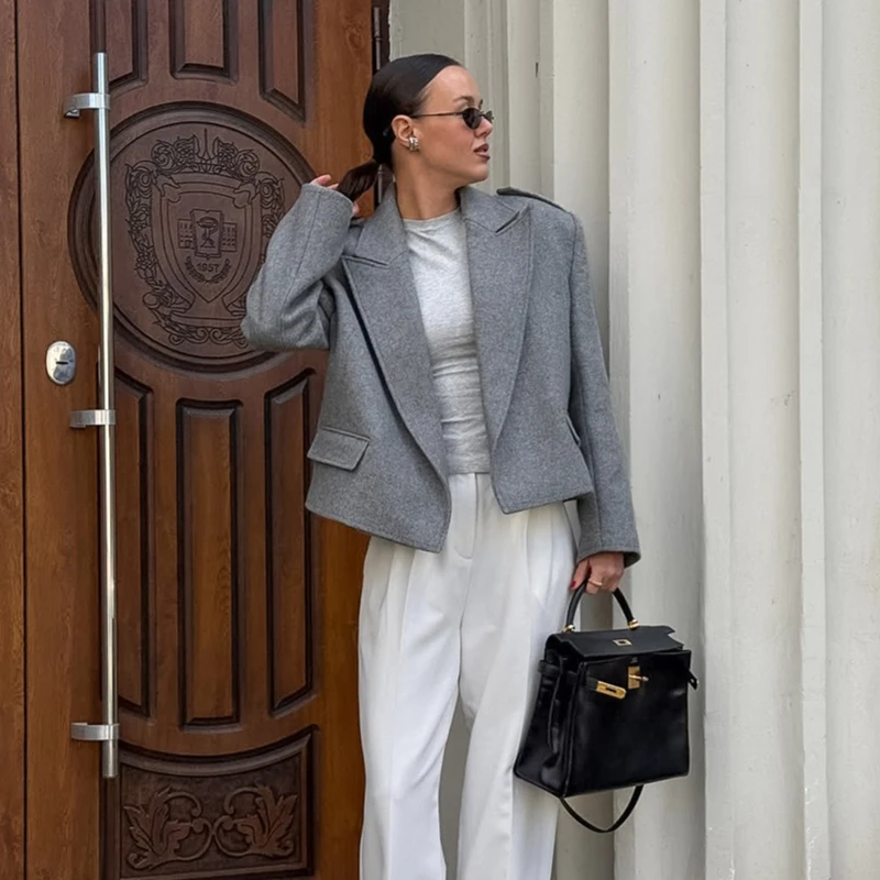Women Grey Wool Blend Blazer Structured Shoulder Oversized Lapel Short Jacket Loose Fit Elegant Office Workwear Fall Winter Coat