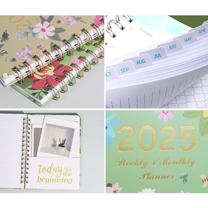 Flower Pattern 2025 Plan Calendar Diary Coil Notebook A5 Weekly Notebook Planners Budget Planner 140 Pages Book (2025.1-2025.12)