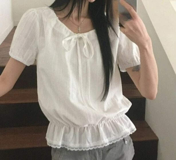 

Sweet Pleated Solid Color Short Sleeved Shirt for Women Summer Lace Up Slim Waist Top