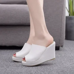 High Heels For Women Sandals Peep Toe Platform Slip On PU 10CM Wedges Leisure Dress Sandals Women Shoes White Slippers