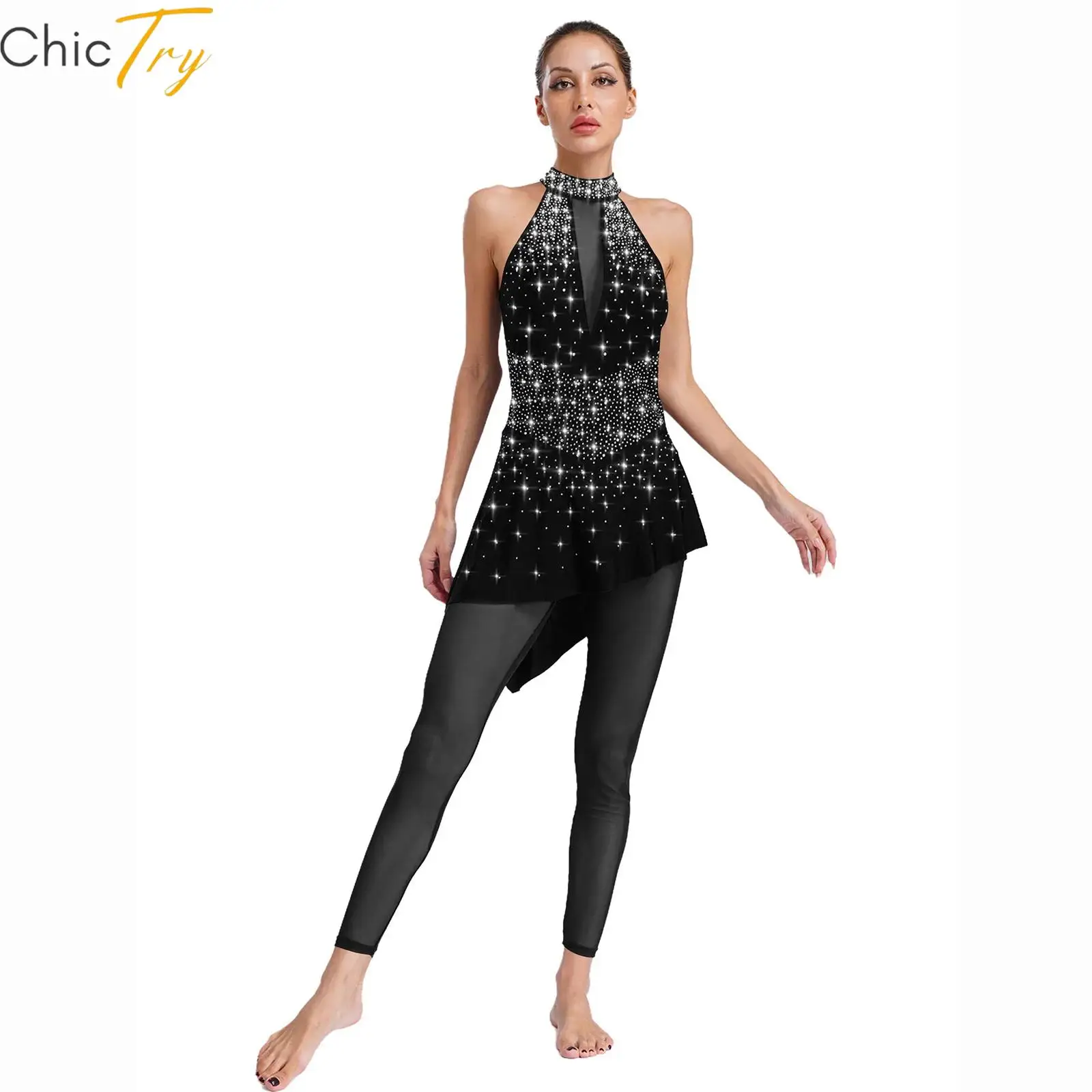 Womens Figure Skating Dance Jumpsuit Ballet Gymnastics Performance Costume with Sheer Mesh Patchwork Rhinestones Skirted Romper