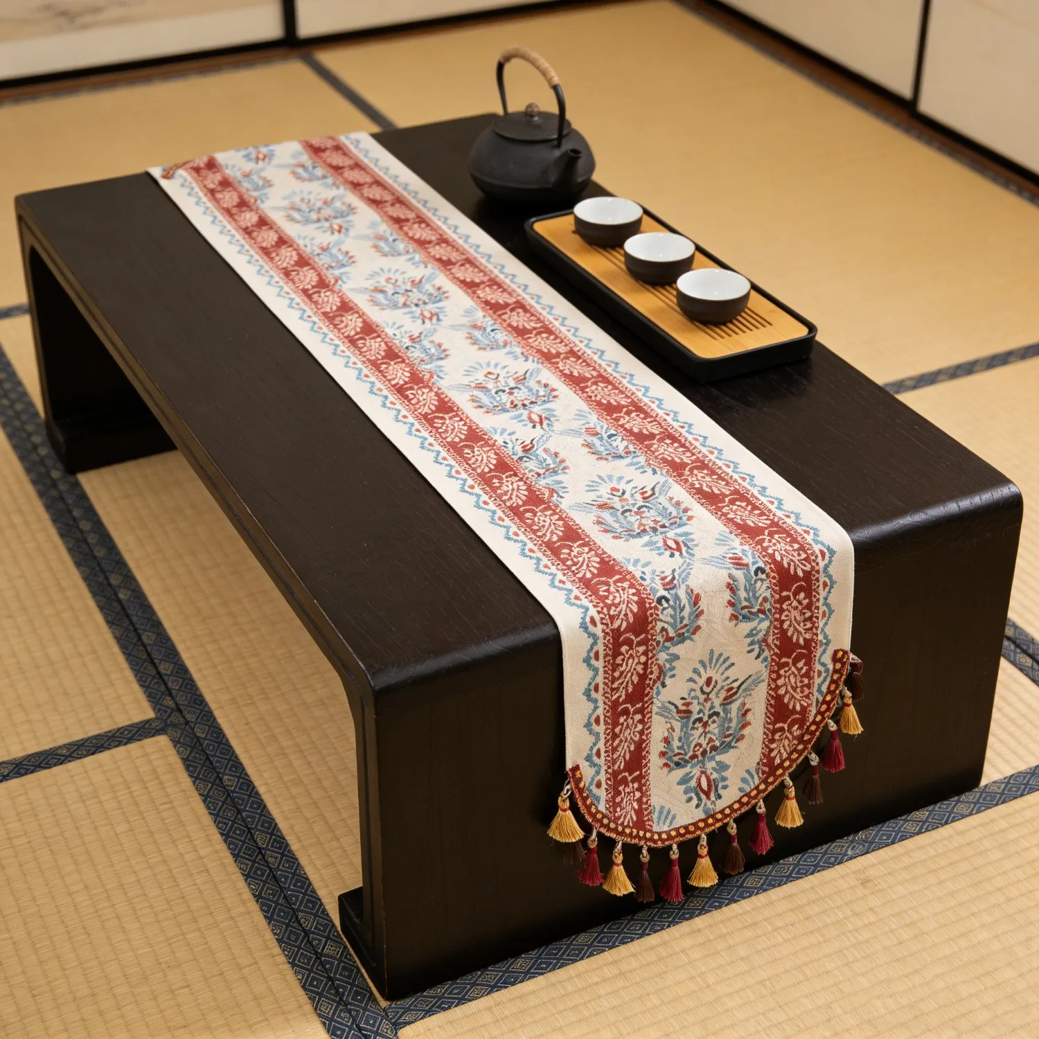 Retro Table Runner with Tassels – Ideal Holiday Table Cover, Cabinet Accent Cloth, Adds Vintage Elegance To Any Room 220CM/180CM