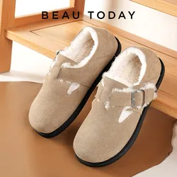 BEAUTODAY Casual Leather Flats Women Cow Suede Slip-on Buckle Strap Winter Warm Wool Ladies Shoes Khaki Handmade 27848