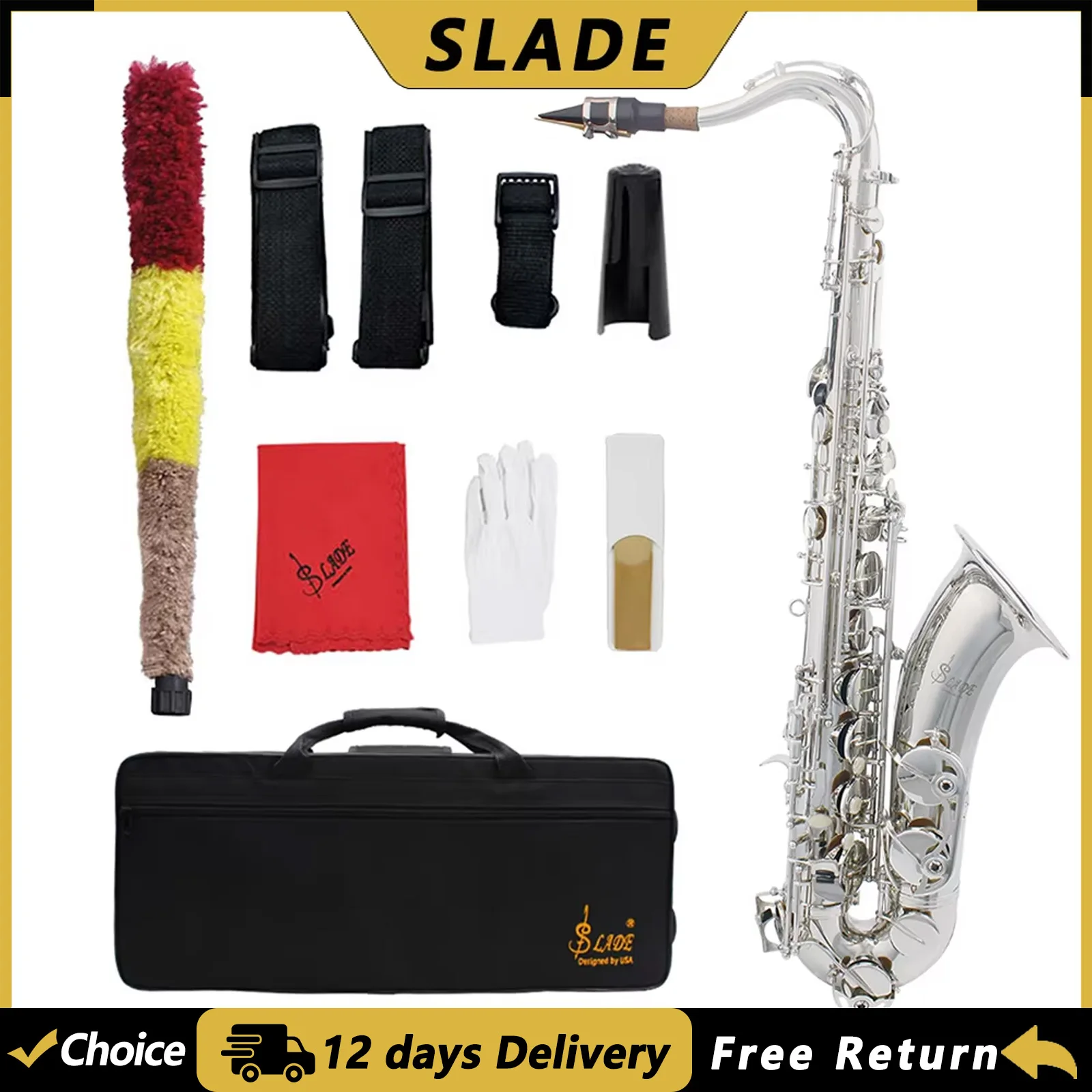 

Саксофон тенорный SLADE WT950S, латунный корпус, строй Bb, серебристый, деревянный духовой инструмент с чехлом, трости, перчатками, запчастями и аксессуарами
