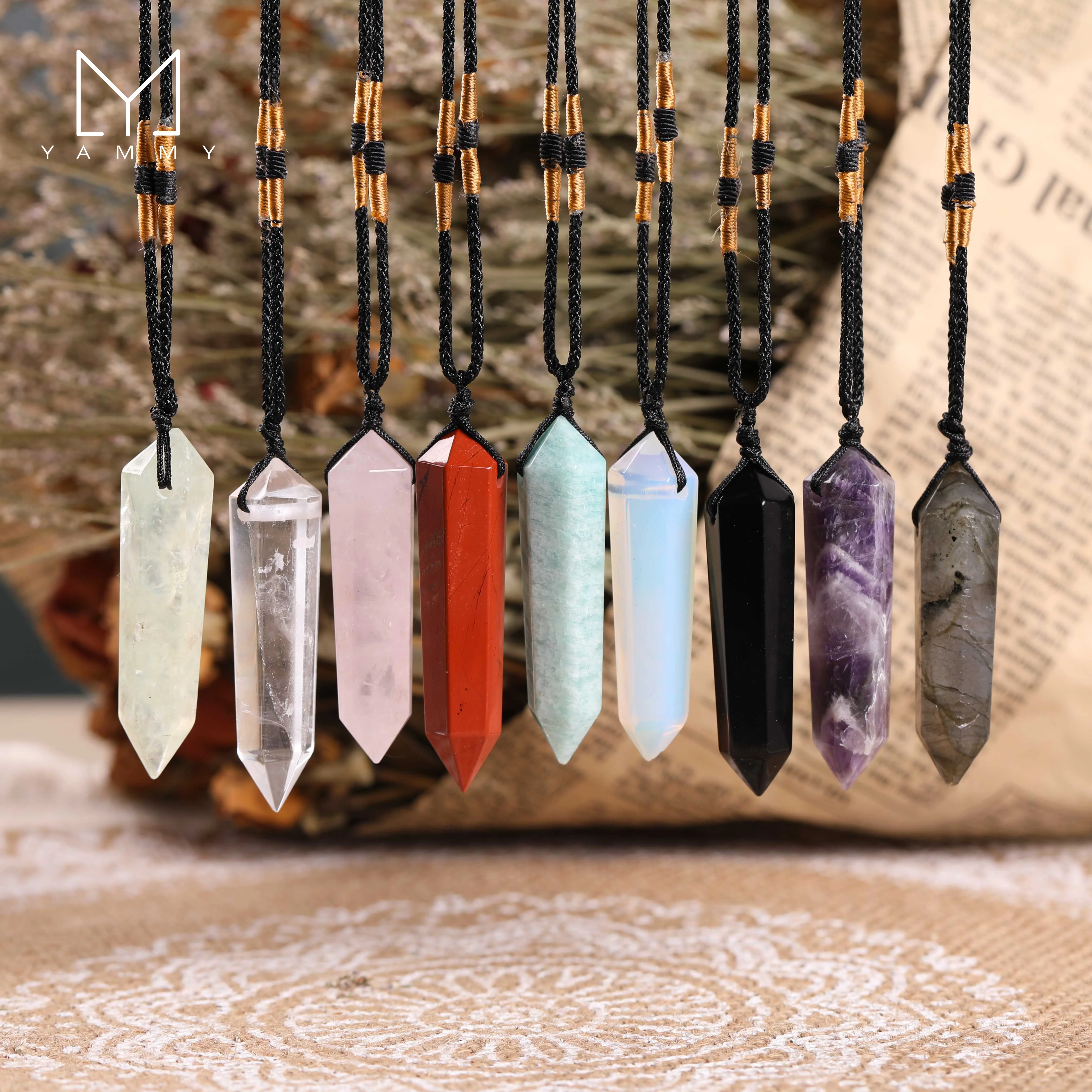 Yammy Fashion Women Gemstones Double Stick Point Pendant Necklace Healing Energy Amethyst Roses Quartz Crystal Necklace Jewelry