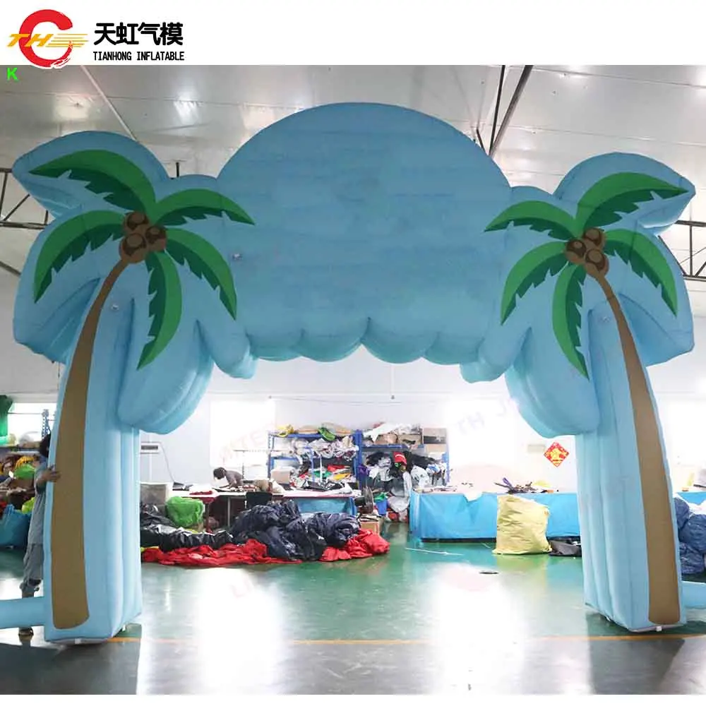 6x4m ブルー インフレータブル パームアーチ ゲート エントランスデコレーション ココナッツツリーアーチドア ビーチ芝生装飾用
