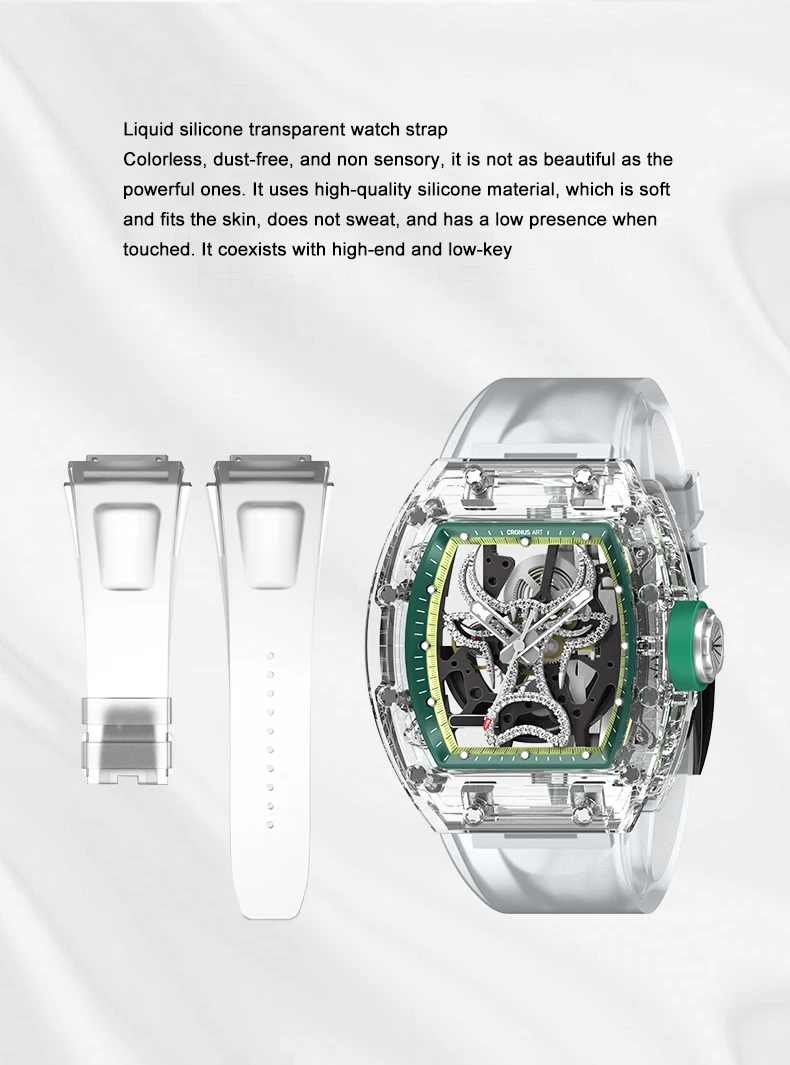 CRONUSART orologio automatico da uomo 50mm Luxury Tonneau orologio da polso meccanico cassa in zaffiro cinturino in Silicone liquido luminoso quadrante blu