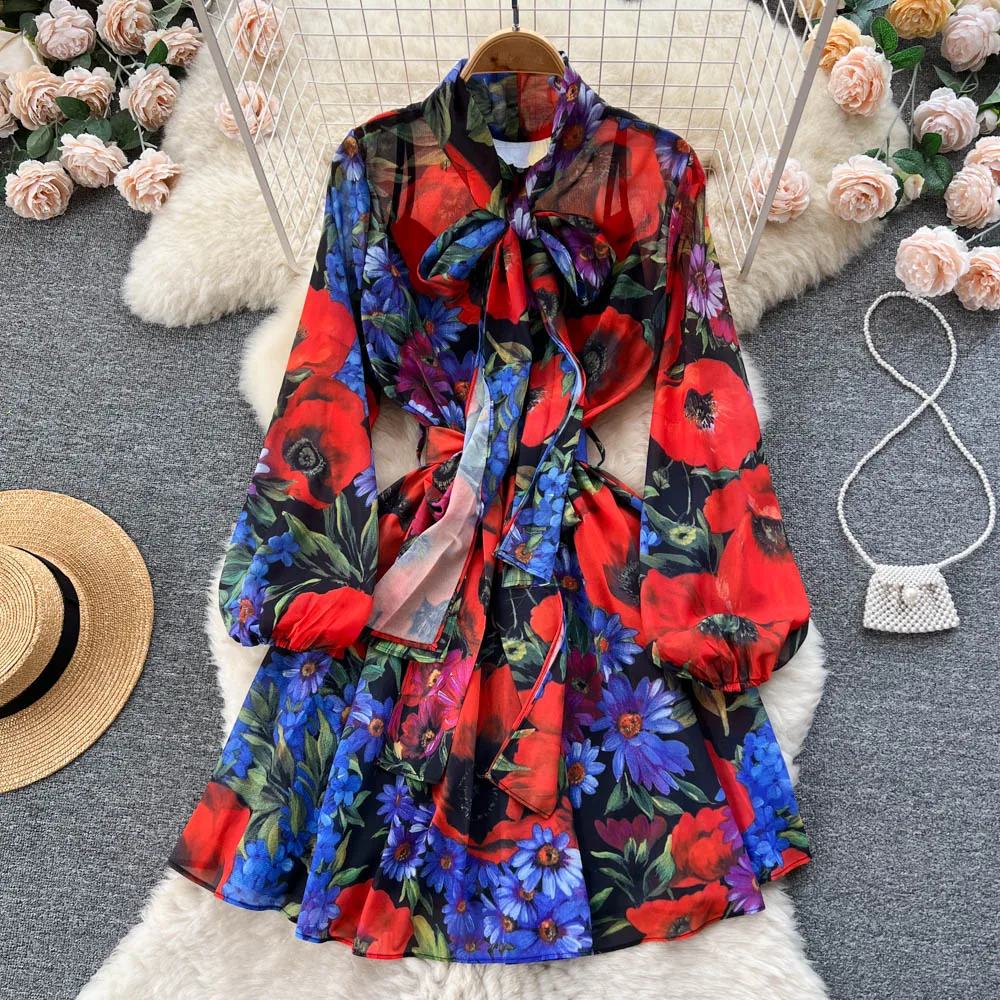 AELEWELL Spring Summer Runway Rose Boho Short Dress Women's Bow Tie Long Lantern Sleeve Floral Print Beach Chiffon Dress A537