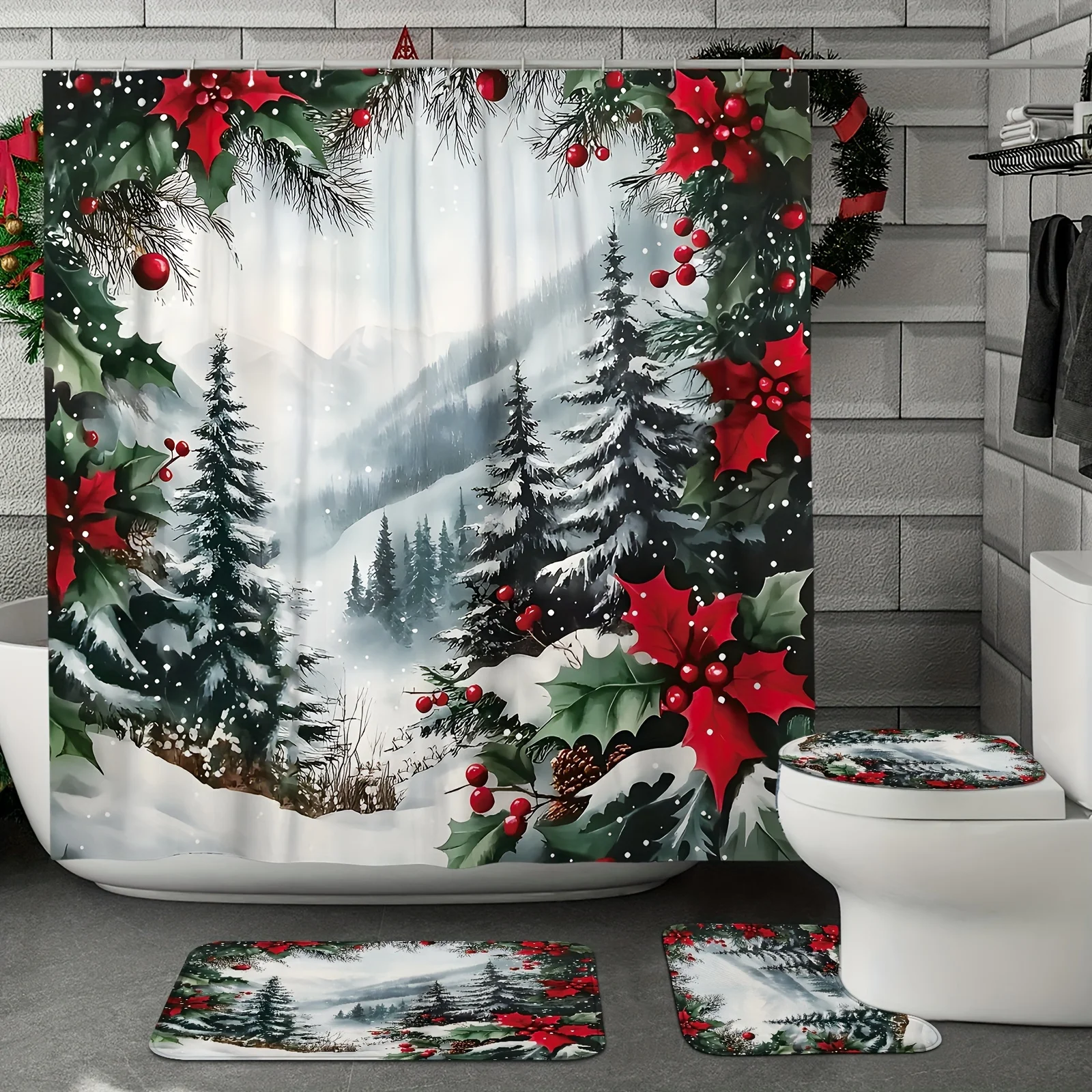 4Pcs Xmas Winter Bath Set, Pine Tree Red Green, Washable Polyester, 12 Hooks, Non-Slip Mat, U-Shaped Toilet Cover