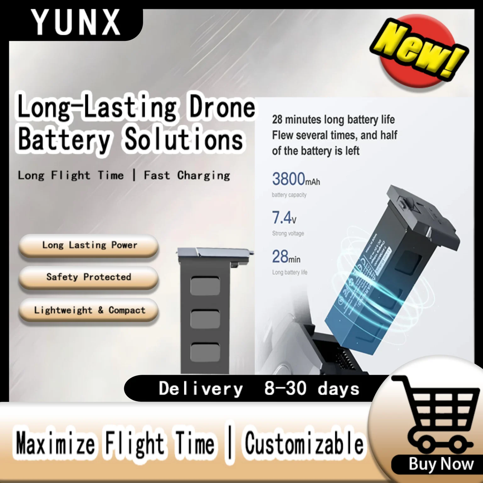 

Аккумулятор Li-Po YUNX 7.4V 3800mAh, 28.12Wh, высокая емкость, замена для дрона RG106 Pro RC, время полета 28 минут