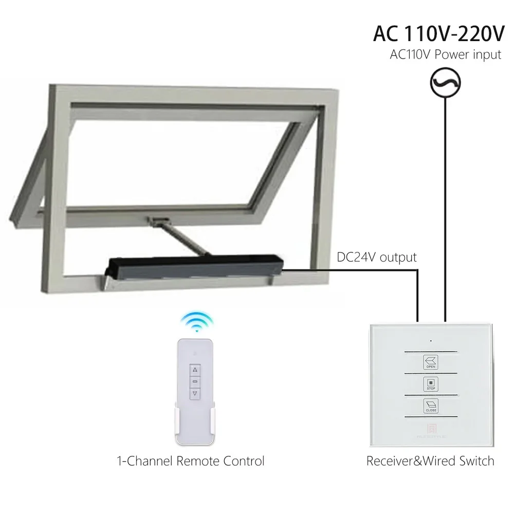 Automatic Single Chain Black Window Closers Running Trip 300-1000mm,DC24V Motorized Window Opener AC Input Power with Low Noise