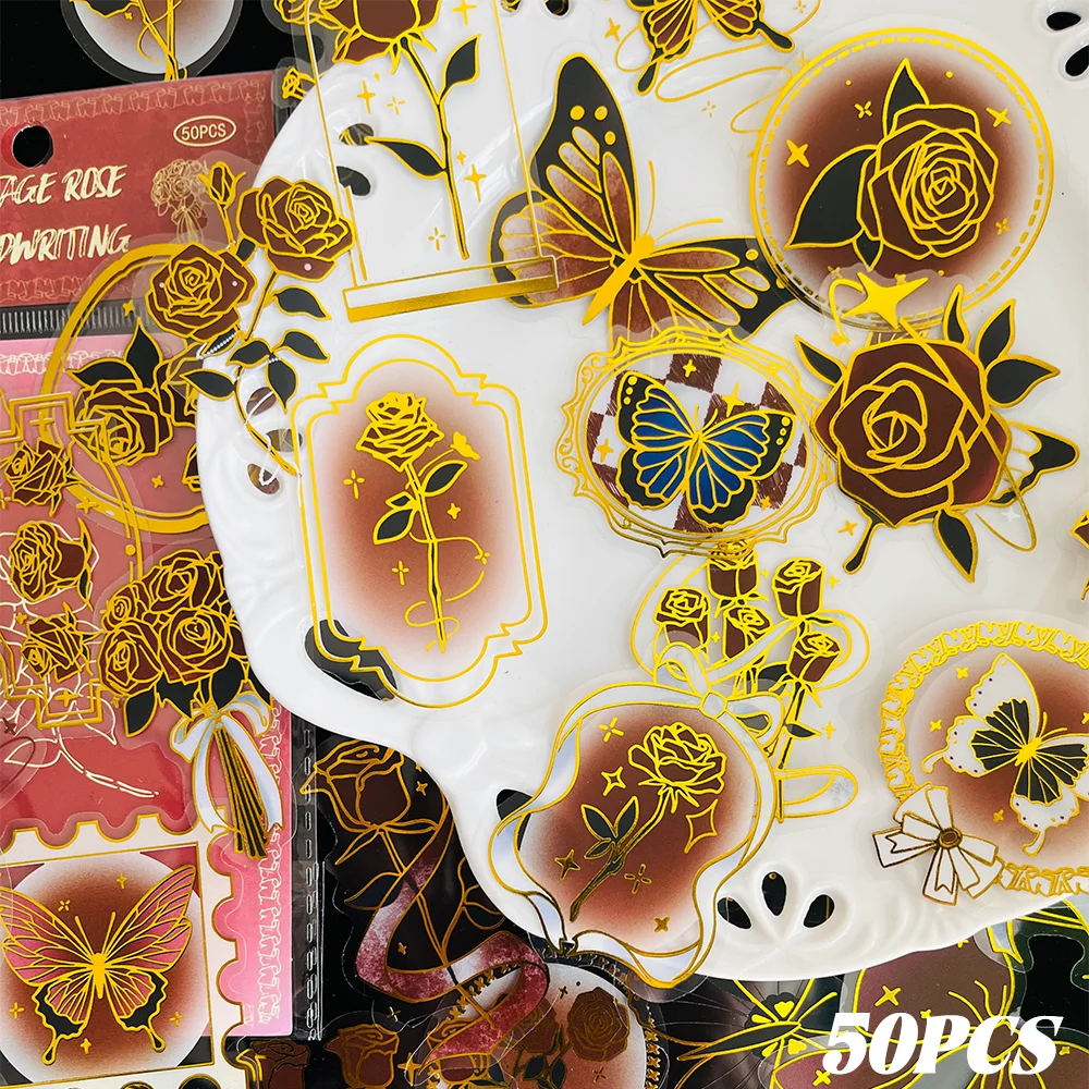 50pcs Vintage Rose Notebook Foil-Stamped PET Stickers Laptop Scrapbook Decorations Water Cup & Vase DIY Decals Holiday Gift